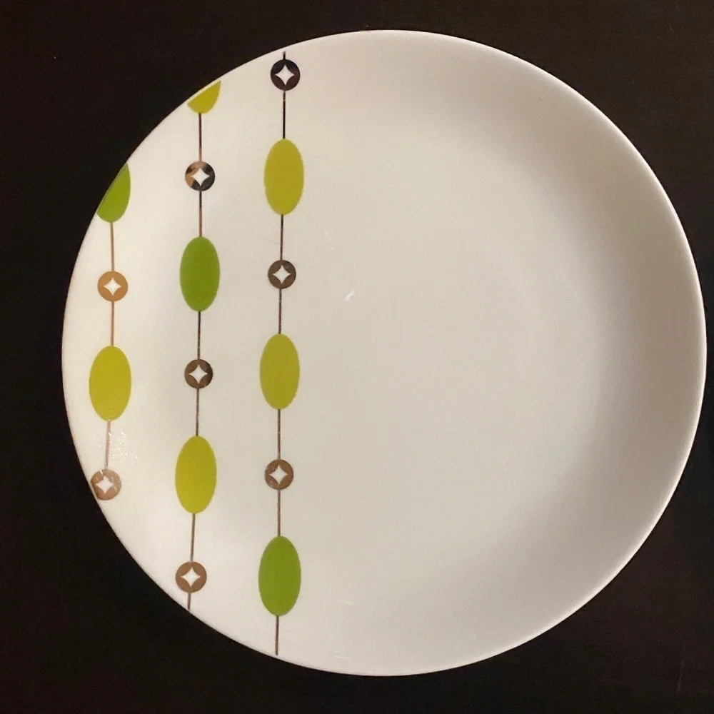 Pier 1 White Salad Plates with Blue &Green Accents. Beaded Garland. Set of 4.